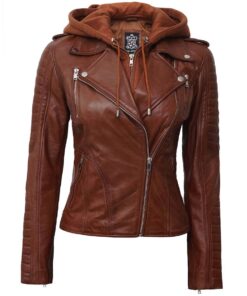 Women's Tan Biker Leather Jacket With Removable Hood