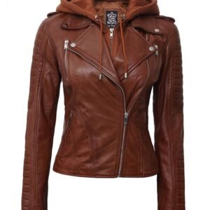 Women's Tan Biker Leather Jacket With Removable Hood