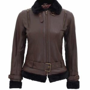 Women's Brown Shearling Fur Bomber Leather Jacket