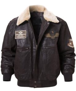 Dark Brown Flying Bomber Faux Shearling Leather Jacket