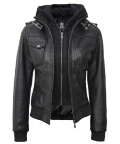 Women's Edinburgh Black Leather Jacket With Removable Hood