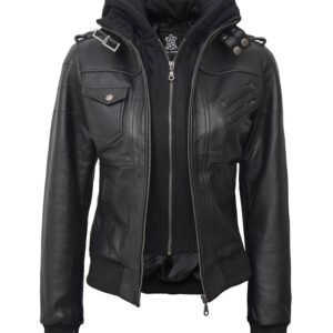 Women's Edinburgh Black Leather Jacket With Removable Hood