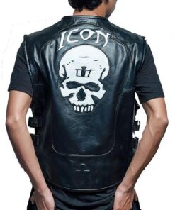 Men's Icon Skull Motorcycle Black Leather Vest