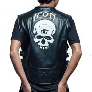 Men's Icon Skull Motorcycle Black Leather Vest